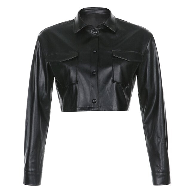 PU Leather Jackets Women Autumn Winter Windbreaker Costs Basic Cropped Coat Outwear Buttons Pockets Moto Biker Punk Top
