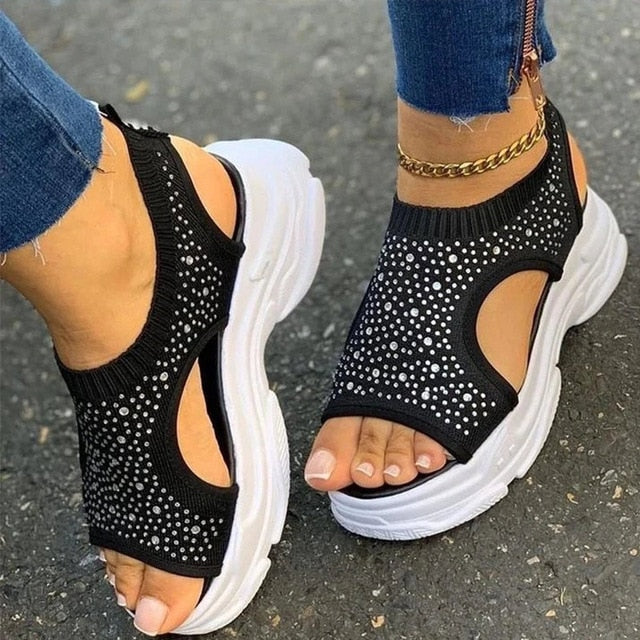 xakxx Women's Sandals Wedges Footwear Summer Platform Sandals Women Shoes Female Slip on Peep Toe Knitted Ladies Sneakers Casual