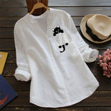 xakxx Women Cat Shirt Linen Blouse Long Sleeve Kawaii Blouses Tops Laple Pocket Down collared shirts Spring Woman Clothes