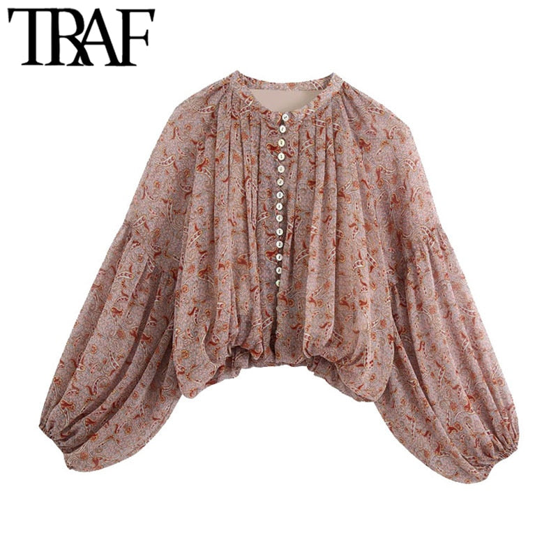 TRAF Women Fashion Paisley Print Cropped Blouses Vintage Lantern Sleeve Elastic Hem Female Shirts Chic Tops