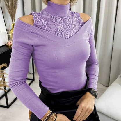 xakxx Fashion Lace Patchwork Blouse Shirt Cold Shoulder Turtleneck Tops Tee Casual Ladies Top Female Women Long Sleeve Blusas Pullover