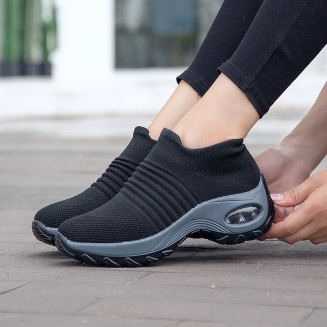 Women Wedges Shoes New Mesh Breathable Knit Ladies Shoes Mix Colors Sneaker Soft Platform Slip On Women's Vulcanize Shoes
