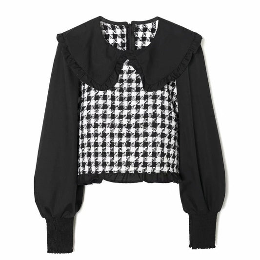 xakxx Women Contrast Color Lantern Sleeve Splicing Short Shirts Female Smock O Neck Blouses Casual Lady Loose Tops Blusas