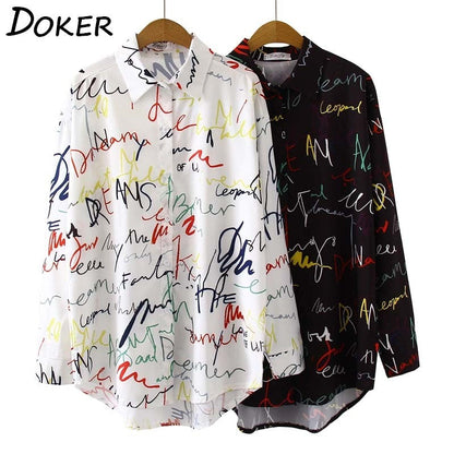 Graffiti Print Blouse Women Autumn Turn-down Collar Long Sleeve Plus Size Office Elegant Ladies Shirts Casual Tops And Blouses