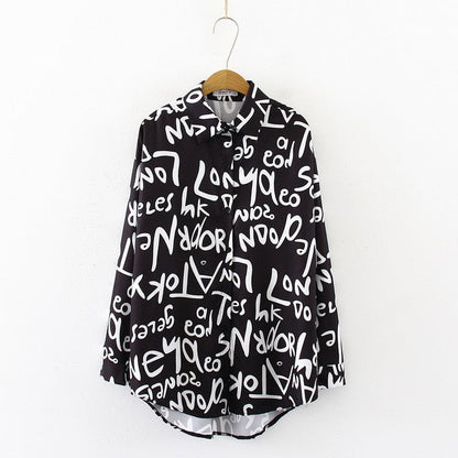 Graffiti Print Blouse Women Autumn Turn-down Collar Long Sleeve Plus Size Office Elegant Ladies Shirts Casual Tops And Blouses