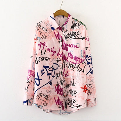 Graffiti Print Blouse Women Autumn Turn-down Collar Long Sleeve Plus Size Office Elegant Ladies Shirts Casual Tops And Blouses