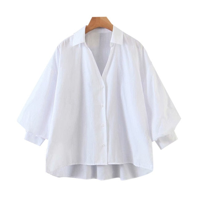 TRAF Women Fashion Button-up Loose Irregular Blouses Vintage Lantern Sleeve Side Vents Female Shirts Blusas Chic Tops