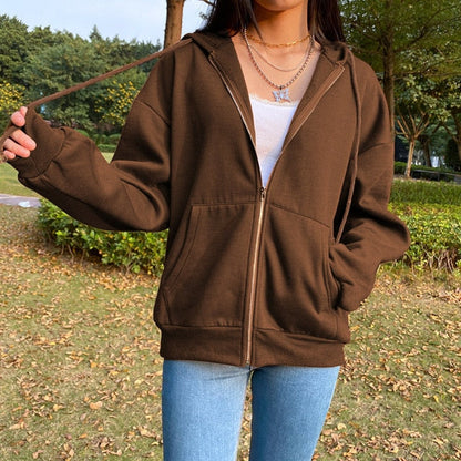 xakxx Zip Up Sweatshirt Spring Autumn Jacket Clothes oversize Hoodies Women plus size Vintage Pockets Long Sleeve Casual Large Coats