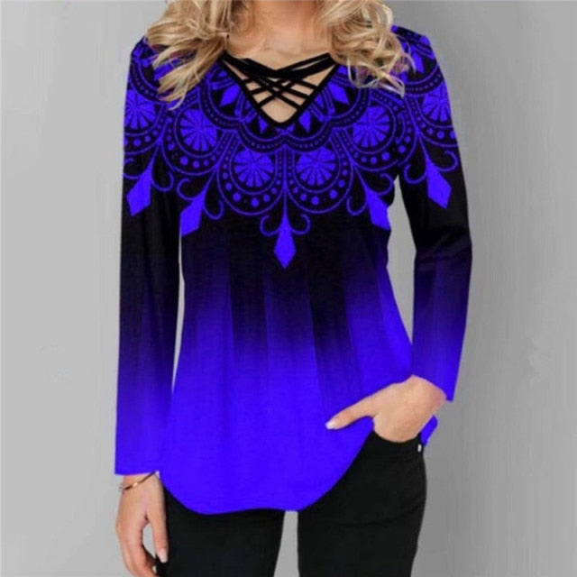 xakxx Oversized Spring Women Blouses Long Sleeve Gradient Element Print Shirts Casual Cross V-Neck Ladies Tops Plus Size 4XL 5XL