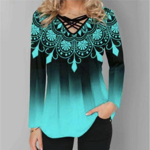 xakxx Oversized Spring Women Blouses Long Sleeve Gradient Element Print Shirts Casual Cross V-Neck Ladies Tops Plus Size 4XL 5XL