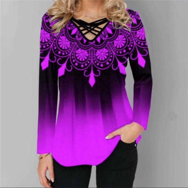 xakxx Oversized Spring Women Blouses Long Sleeve Gradient Element Print Shirts Casual Cross V-Neck Ladies Tops Plus Size 4XL 5XL