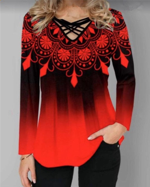 xakxx Oversized Spring Women Blouses Long Sleeve Gradient Element Print Shirts Casual Cross V-Neck Ladies Tops Plus Size 4XL 5XL