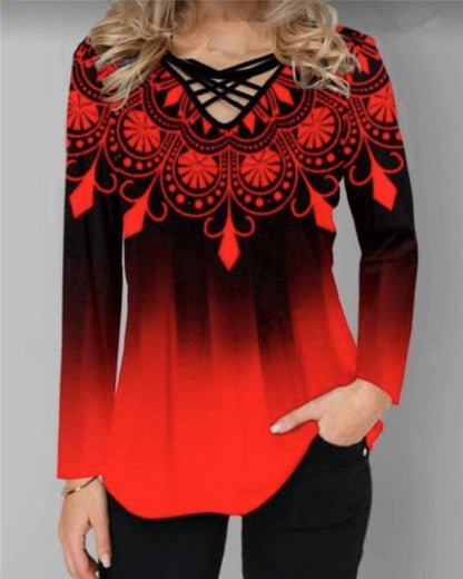 xakxx Oversized Spring Women Blouses Long Sleeve Gradient Element Print Shirts Casual Cross V-Neck Ladies Tops Plus Size 4XL 5XL