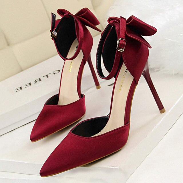 Bow Woman Pumps Silk High Heels Women Shoes Stiletto Red Wedding Shoes Women Heels Women Sandals Free Shipping