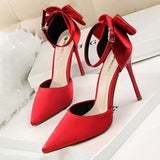 Bow Woman Pumps Silk High Heels Women Shoes Stiletto Red Wedding Shoes Women Heels Women Sandals Free Shipping