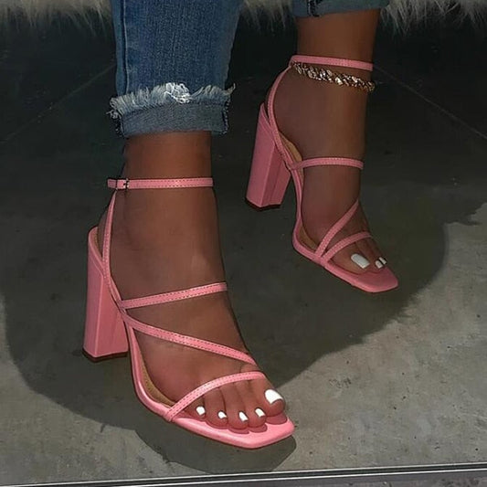 xakxx Pink New Summer Sandals Comfortable and Versatile Open-toe High-heeled Sandal Casual Outdoor Solid Color Plus Size Shoes Sandals