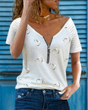 Fashion Women Summer Heart Print T-Shirts for Streetwear Zipper Decor V-Neck Short Sleeve Casual Loose Pullovers Top