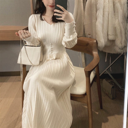 Knitted Dress Women Casual Long Sleeve Vintage Elegant Office Sweater Dress Female  Spring One-piece Dress Korean Outerwear