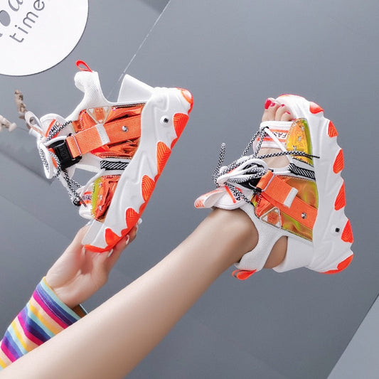 xakxx Leisure Lady Platform Chunky Sandals Mixed Color shoes lace Buckle Punk Sandals Women Open Toe Beach Casual Shoes Woman