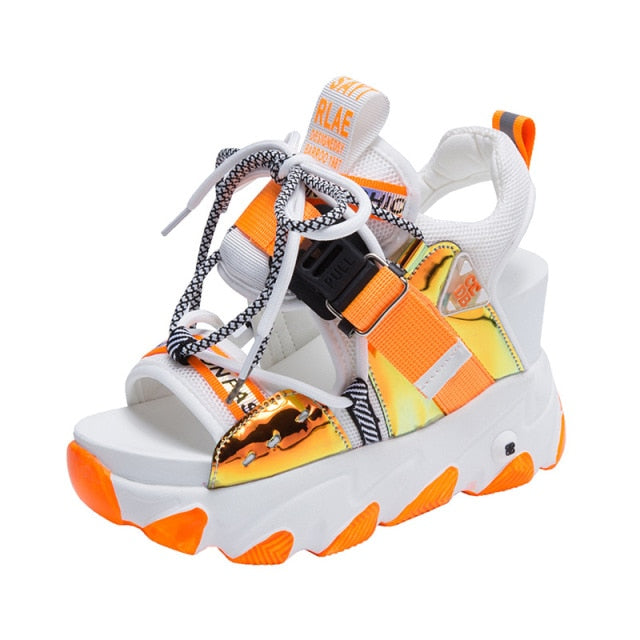 xakxx Leisure Lady Platform Chunky Sandals Mixed Color shoes lace Buckle Punk Sandals Women Open Toe Beach Casual Shoes Woman