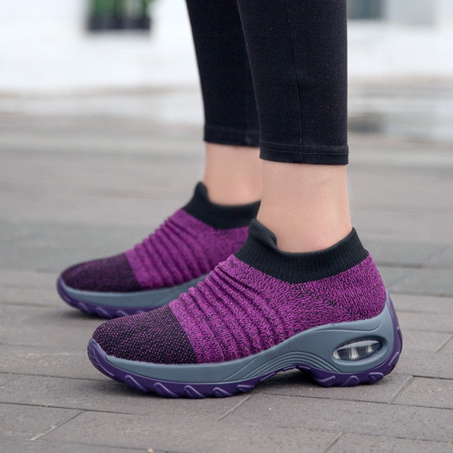 Women Wedges Shoes New Mesh Breathable Knit Ladies Shoes Mix Colors Sneaker Soft Platform Slip On Women's Vulcanize Shoes