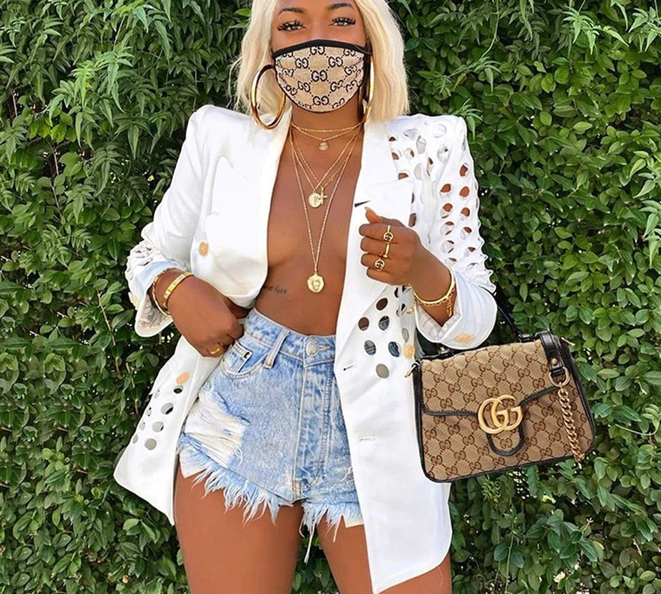 xakxx Women White Hollow Out Double Breasted Blazer New Lapel Long Sleeve Slim Jacket Casual Fashion Female Autumn Clothing