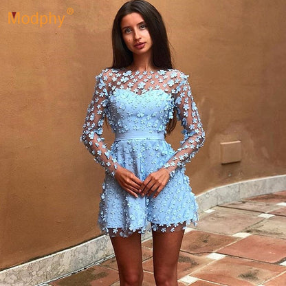 Summer New Elegant Women&#39;S Mini Dress Sky Blue Beige Pink Long Sleeve Lace A Word Dress Celebrity Evening Party Vestidos