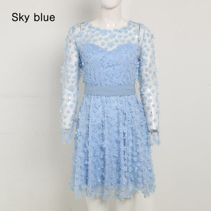 Summer New Elegant Women&#39;S Mini Dress Sky Blue Beige Pink Long Sleeve Lace A Word Dress Celebrity Evening Party Vestidos