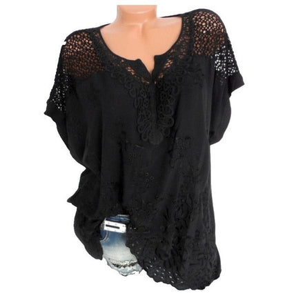 xakxx xakxx Large Size Loose Short-Sleeved Lace Women Blouses Cotton Blouses Summer Shirt Tops Fashion Women Shirt