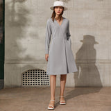 Minimalism Spring Offical Lady Women&#39;s Dress Causal Solid Vneck Full Sleeve High Waist Chiffon Dress For Women