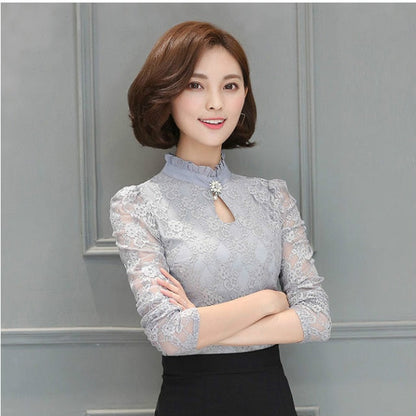 xakxx  Women&#39;s New Chiffon Lace Blouses Tops Fiminina Blusa Long Puff Sleeved Shirt Ruffled Button Tops Plus Size 6XL