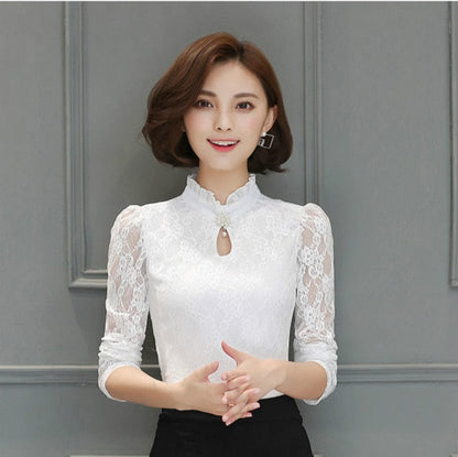 xakxx  Women&#39;s New Chiffon Lace Blouses Tops Fiminina Blusa Long Puff Sleeved Shirt Ruffled Button Tops Plus Size 6XL