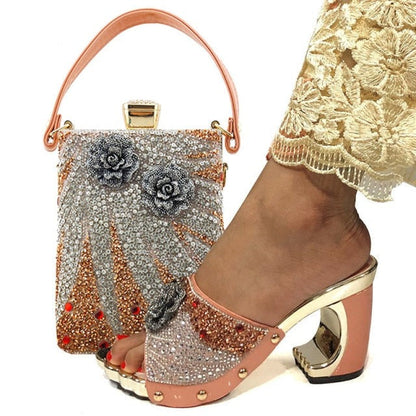 xakxx New Arrival Fashionable Italian Shoes and Bag Sets Silver Color Women's Shoes with Appliques for African lady Sandals