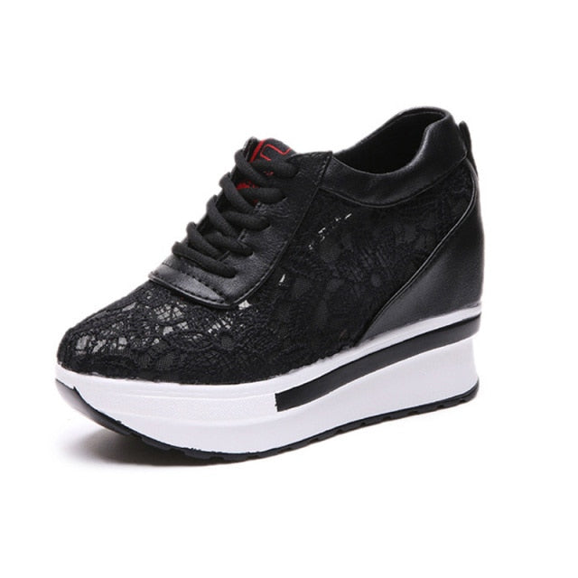 Women White Shoes Breathable Mesh Chunky Platform Sneakers Summer Ladies Lace Floral Hollow Out Wedge Heels Casual Footwear