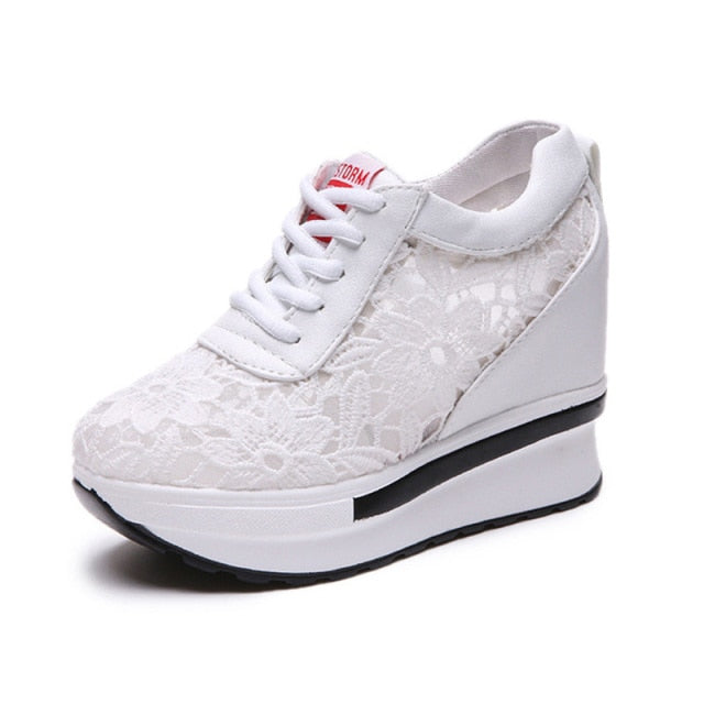 Women White Shoes Breathable Mesh Chunky Platform Sneakers Summer Ladies Lace Floral Hollow Out Wedge Heels Casual Footwear