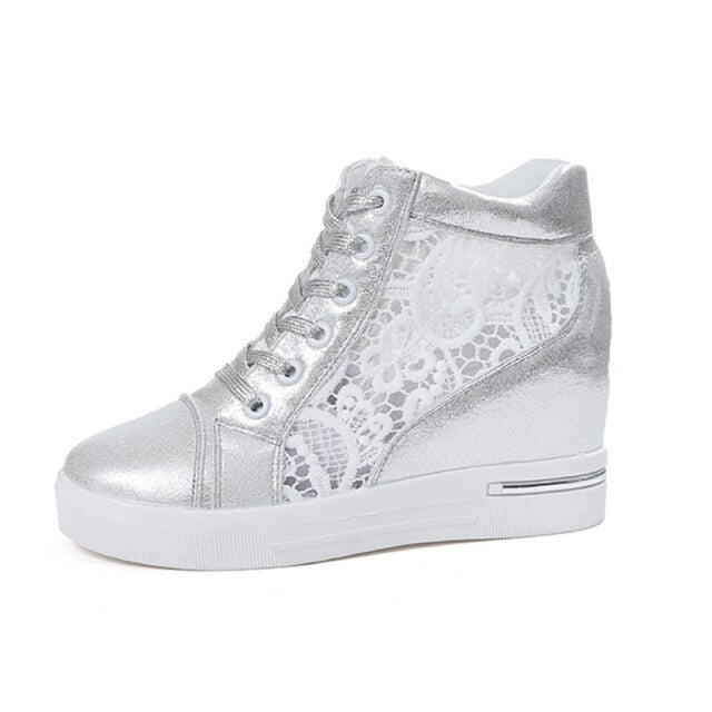 Women White Shoes Breathable Mesh Chunky Platform Sneakers Summer Ladies Lace Floral Hollow Out Wedge Heels Casual Footwear