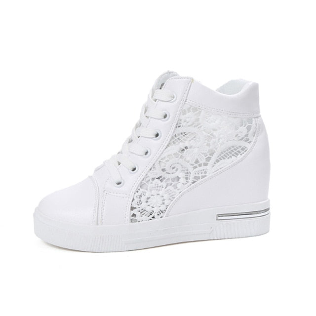 Women White Shoes Breathable Mesh Chunky Platform Sneakers Summer Ladies Lace Floral Hollow Out Wedge Heels Casual Footwear