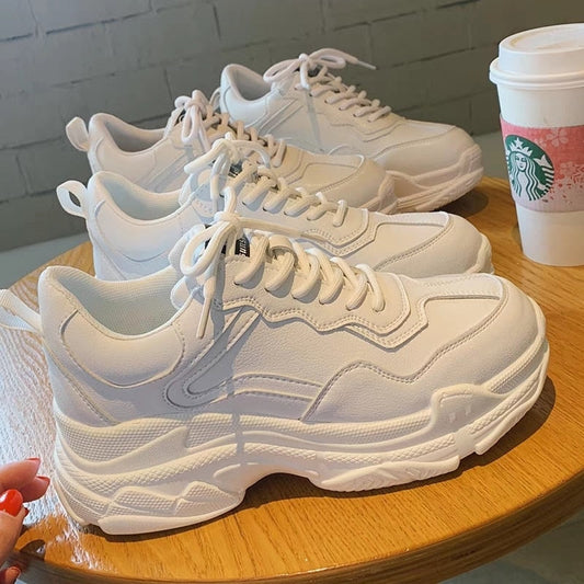 xakxx White Women Shoes New Chunky Sneakers For Women Lace-Up White Vulcanize Shoes Casual Fashion Dad Shoes Platform Sneakers Basket