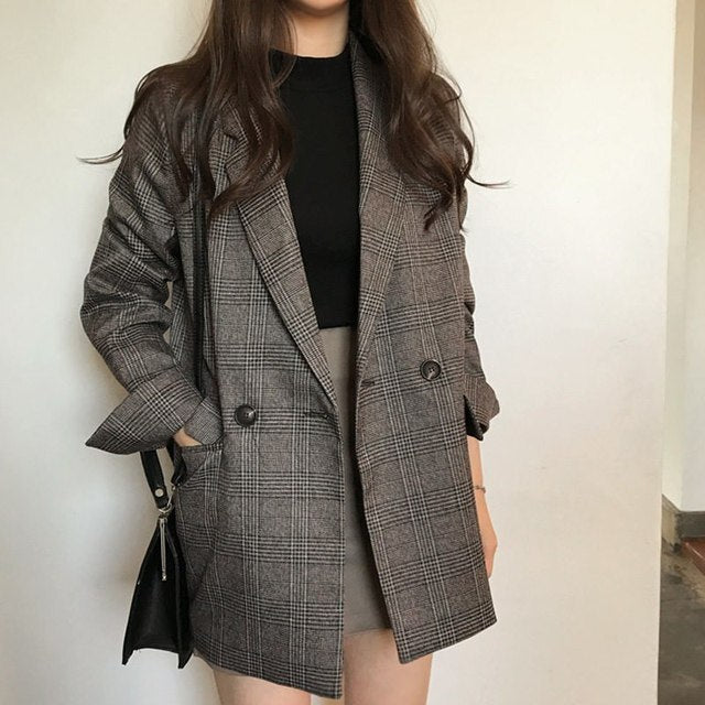 xakxx  Autumn Winter New Retro Pattern Girl Plaid Comfortable Women Korea Solid Cardigan Ladies Work Wear Jacket Cute Free
