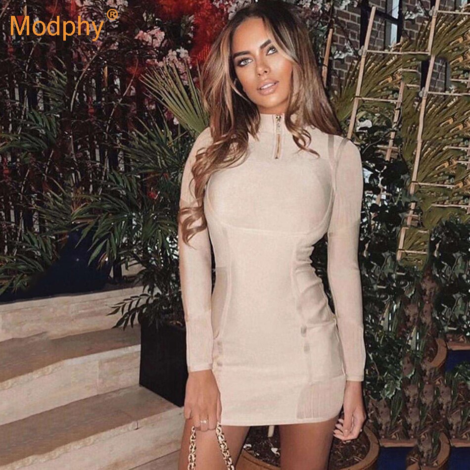 Spring Fashion Women&#39;S Bodycon Bandage Dress Sexy Stand-Up Collar Zipper Nude Long Sleeve Club Evening Party Dress Vestidos