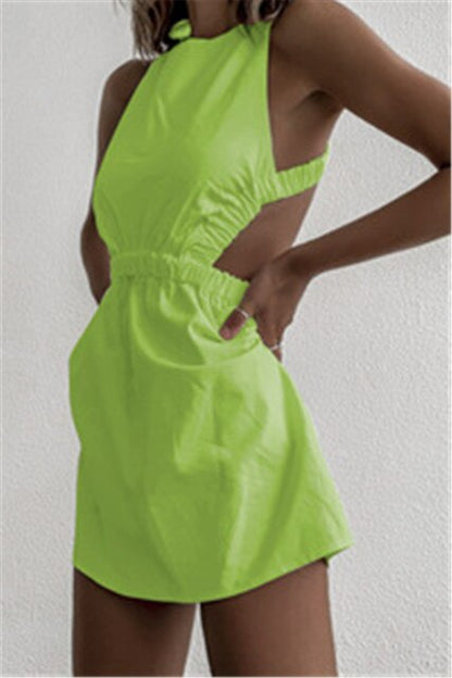 xakxx Women Summer Solid Color Pencil Dress Cross Bandage Design Shrinkage Elastic Waist Sleeveless Backless Slim Hips Mini Dress