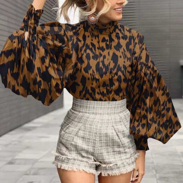 Elegant OL Blouses Celmia Women's Big Lantern Sleeve Sexy Leopard Print Shirts  Fashion Stand Collar Casual Tunic Tops Femme