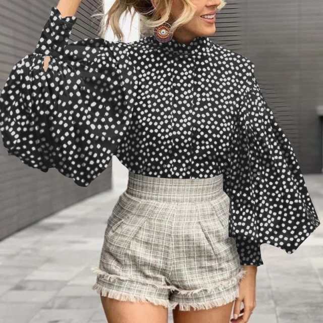 xakxx Fashion Women Paint Print Blouses  Spring Big Lantern Sleeve Office Blusas Stand Collar Casual Vintage Top