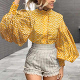 xakxx Fashion Women Paint Print Blouses  Spring Big Lantern Sleeve Office Blusas Stand Collar Casual Vintage Top