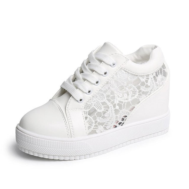 Women White Shoes Breathable Mesh Chunky Platform Sneakers Summer Ladies Lace Floral Hollow Out Wedge Heels Casual Footwear