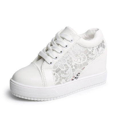 Women White Shoes Breathable Mesh Chunky Platform Sneakers Summer Ladies Lace Floral Hollow Out Wedge Heels Casual Footwear