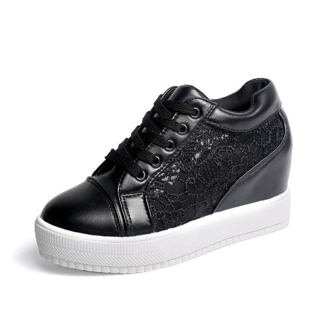 Women White Shoes Breathable Mesh Chunky Platform Sneakers Summer Ladies Lace Floral Hollow Out Wedge Heels Casual Footwear