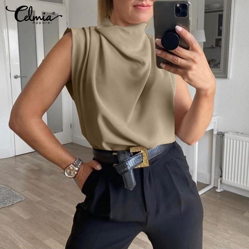 xakxx Women Sexy Sleeveless Tops Summer Blouses Elegant High Collar Pleated Blouse Solid Loose Casual Tunic Blusas