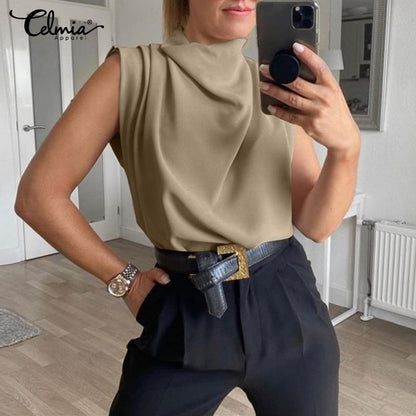 xakxx Women Sexy Sleeveless Tops Summer Blouses Elegant High Collar Pleated Blouse Solid Loose Casual Tunic Blusas