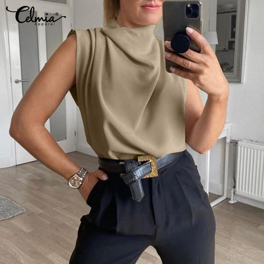 xakxx Women Sexy Sleeveless Tops Summer Blouses Elegant High Collar Pleated Blouse Solid Loose Casual Tunic Blusas